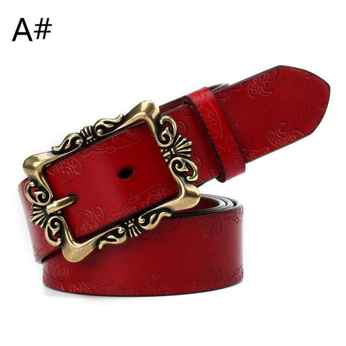 Leather Belts For Women Cowhide Embossing Design Carving Buckle