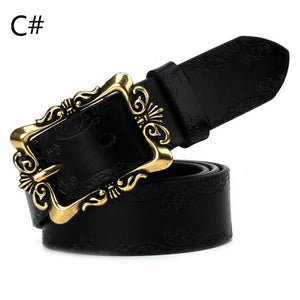 Leather Belts For Women Cowhide Embossing Design Carving Buckle