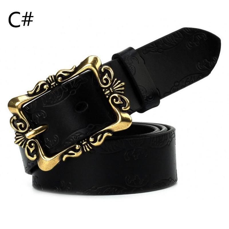 Leather Belts For Women Cowhide Embossing Design Carving Buckle